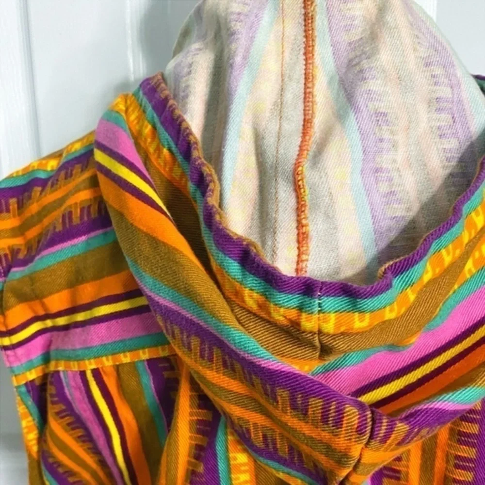 Live‎ in Color 1990’s Multicolored Stripe Aztec Sleeveless Jean Jacket w/ Hoodie
